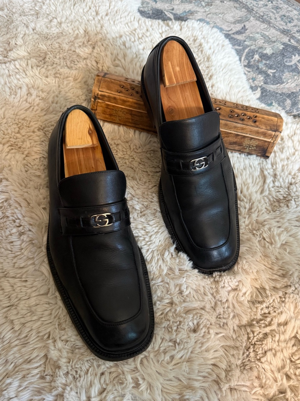 MENS GUCCI ITALIAN BLACK LEATHER DOUBLE G SLIP ON DRESS LOAFERS SIZE 45E EU